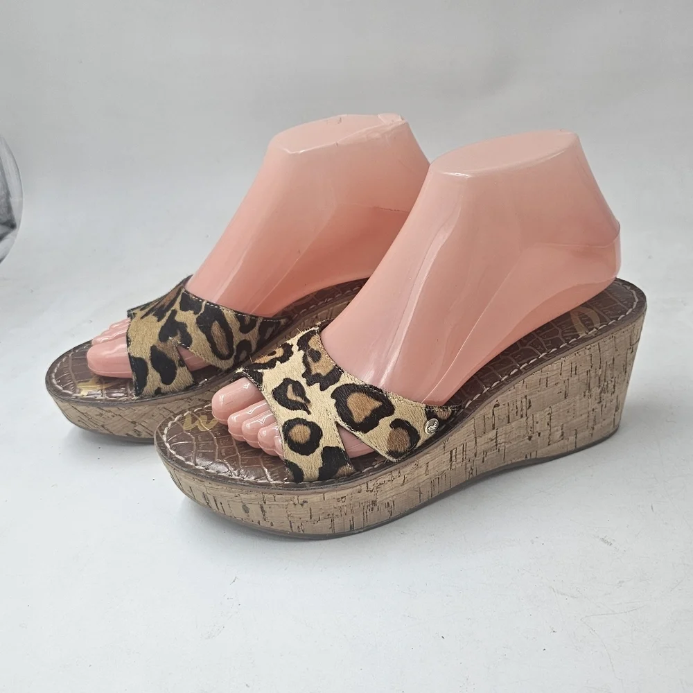 Sam Edelman Reid Leopard Calf Hair Cork Wedge Slide Sandals Platform Size 8